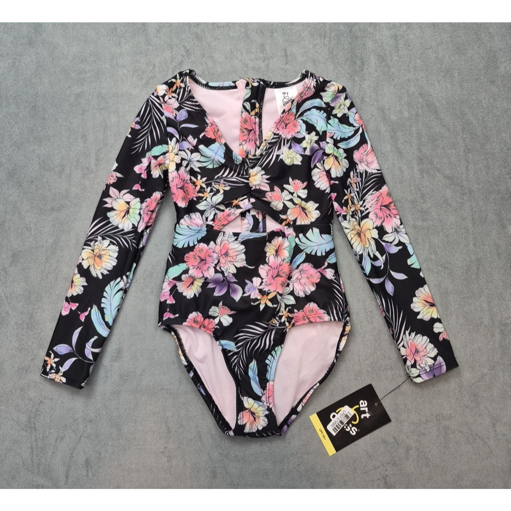 Art Class Girls Long Sleeve Floral One Piece Keyhole Swimsuit XS 4/5 Tropical